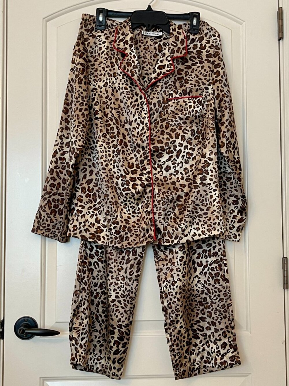 Chanteuse Leopard Satin Pajama Set 2 Pc Animal Print Red Trim Small